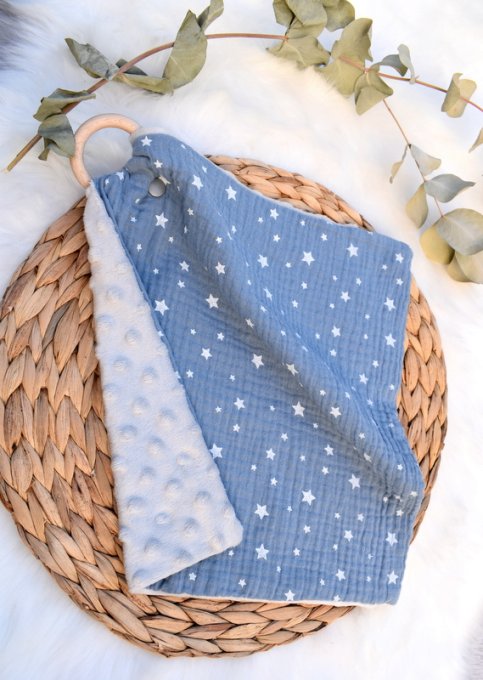 Doudou plat Etoile bleu gaze de coton
