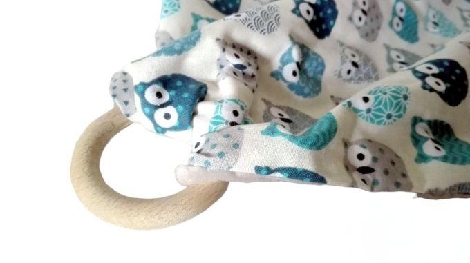 Doudou plat Hiboux bleu coton
