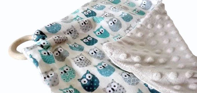 Doudou plat Hiboux bleu coton