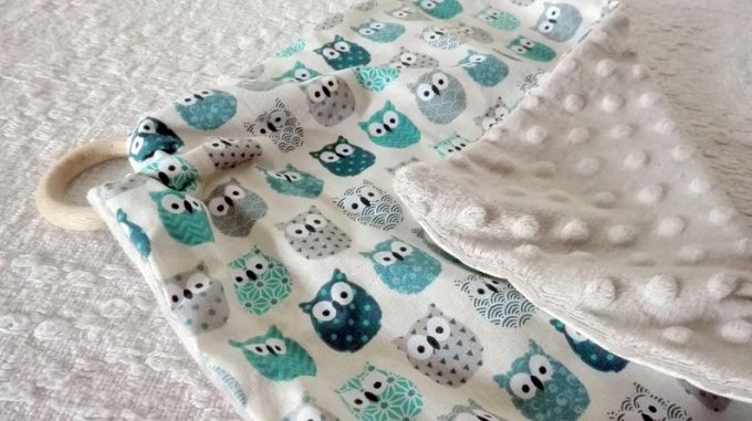 Doudou plat Hiboux bleu coton