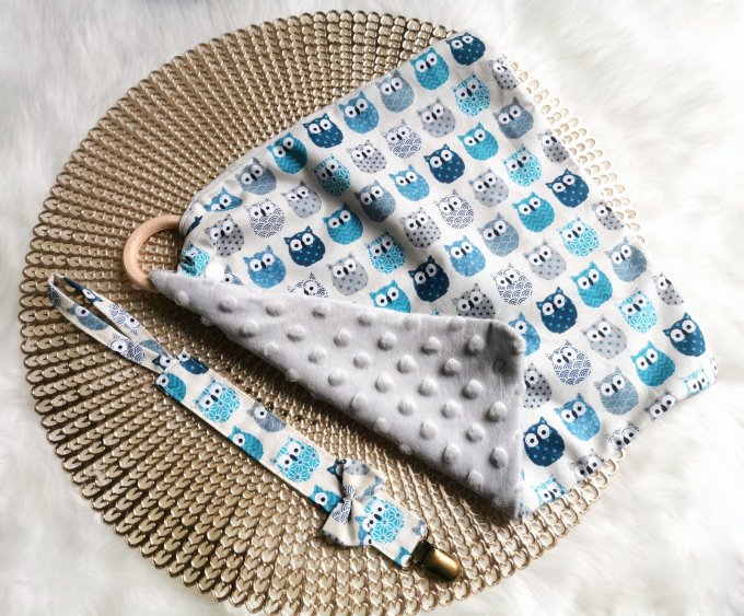 Ensemble Hiboux bleu doudou plat + attache sucette coton