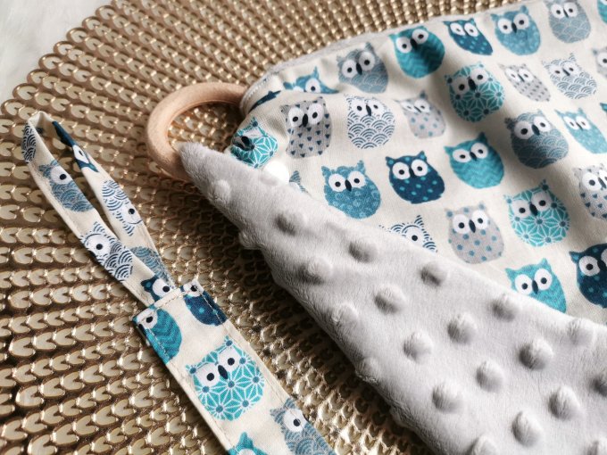 Ensemble Hiboux bleu doudou plat + attache sucette coton